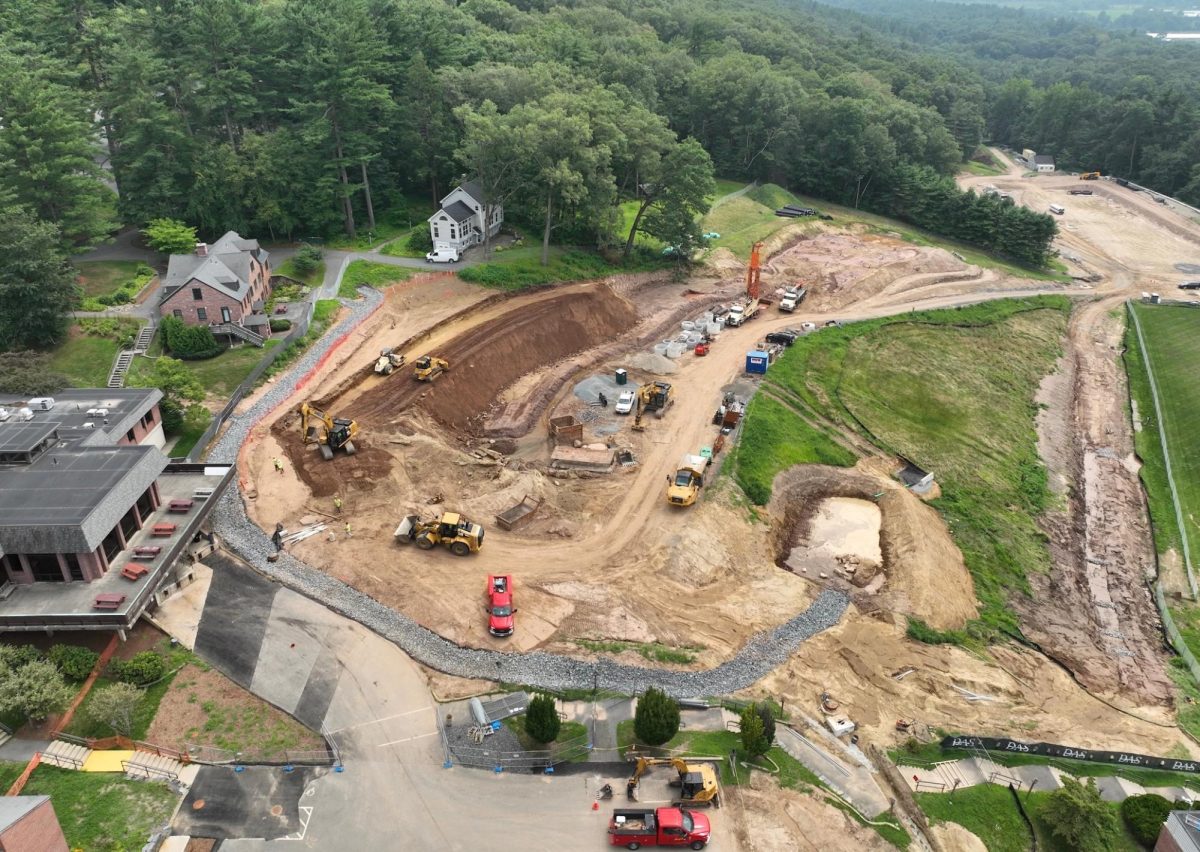 Construction workers excavate the foundation of Eaglebrook's new dining hall and install a new stormwater drainage system beneath Alumni Field at the foot of the ski hill.